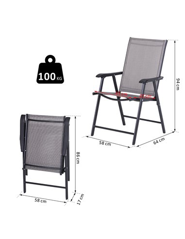 Outsunny Set of 2 Foldable Garden Chairs W/ Metal Frame Outdoor Patio Park Dining Seat Yard Furniture Grey 84B-381GY