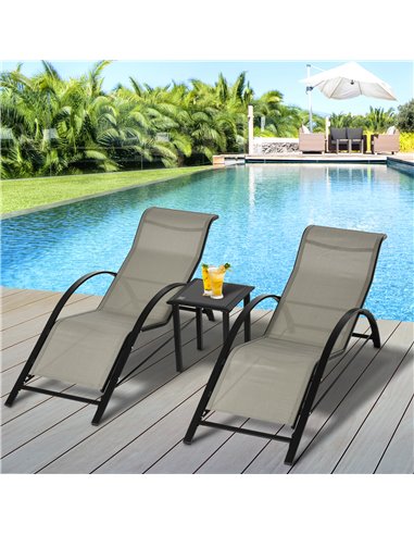 Outsunny 3 Pieces Lounge Chair Set Garden Outdoor Recliner Sunbathing Chair with Table, Grey 84B-570GY