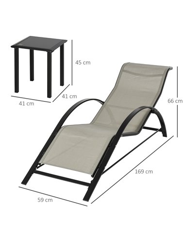 Outsunny 3 Pieces Lounge Chair Set Garden Outdoor Recliner Sunbathing Chair with Table, Grey 84B-570GY