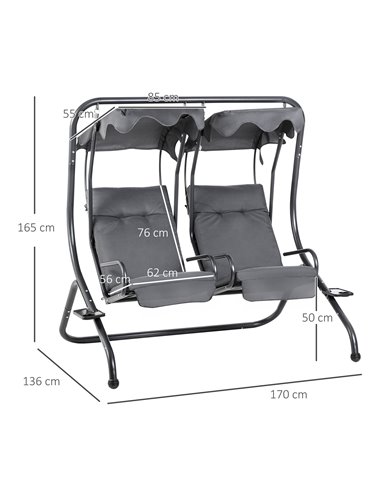 Outsunny Canopy Swing Modern Outdoor Relax Chairs w/ 2 Separate Chairs, Cushions and Removable Shade Canopy, Grey 84A-052V71