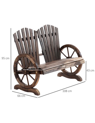 Outsunny 2 Seater Garden Bench Comfortable Fir Logs Love Chair with Wheel-Shaped Armrests, Outdoor Adirondack Wooden Loveseats, 