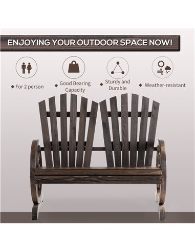Outsunny 2 Seater Garden Bench Comfortable Fir Logs Love Chair with Wheel-Shaped Armrests, Outdoor Adirondack Wooden Loveseats, 