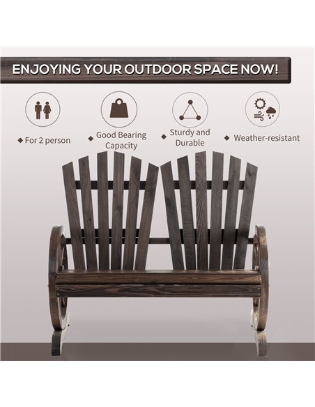 Outsunny 2 Seater Garden Bench Comfortable Fir Logs Love Chair with Wheel-Shaped Armrests, Outdoor Adirondack Wooden Loveseats,  - pic 63277 | FastDaddyshop