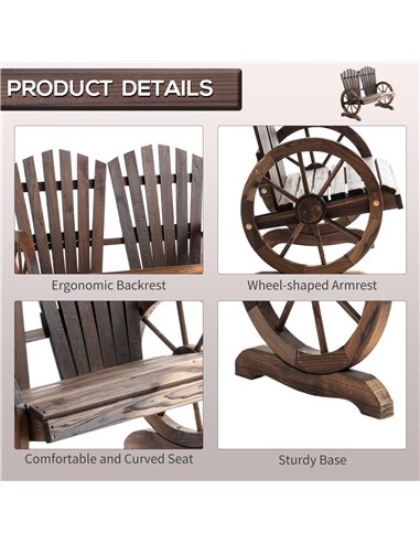Outsunny 2 Seater Garden Bench Comfortable Fir Logs Love Chair with Wheel-Shaped Armrests, Outdoor Adirondack Wooden Loveseats, 