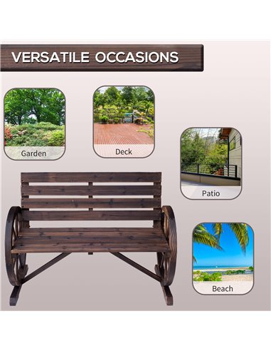 Outsunny 2 Seater Garden Bench Comfortable Fir Logs Love Chair with Wheel-Shaped Armrests, Outdoor Adirondack Wooden Loveseats, 