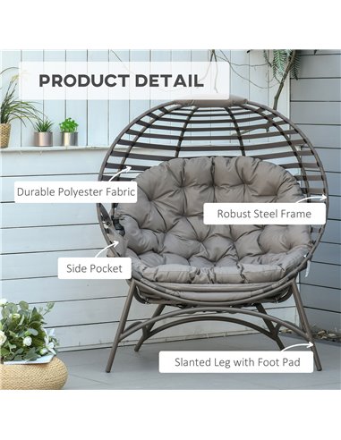 Outsunny 2 Seater Egg Chair with Soft Cushion, Steel Frame and Side Pocket, Garden Patio Basket Chair for Indoor, Outdoor, Brown