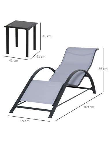 Outsunny 3 Pieces Lounge Chair Set Garden Outdoor Recliner Sunbathing Chair with Table, Light Grey 84B-570LG