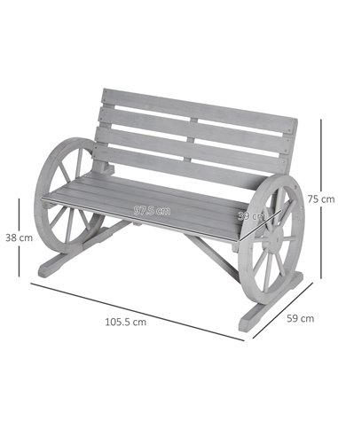 Outsunny 2 Seater Garden Bench Outdoor Garden Armrest Chair with Wooden Cart Wagon Wheel Rustic High Back Grey 84B-183CG