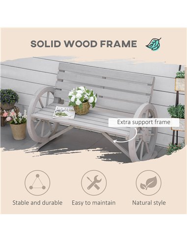 Outsunny 2 Seater Garden Bench Outdoor Garden Armrest Chair with Wooden Cart Wagon Wheel Rustic High Back Grey 84B-183CG