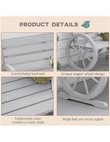 Outsunny 2 Seater Garden Bench Outdoor Garden Armrest Chair with Wooden Cart Wagon Wheel Rustic High Back Grey 84B-183CG