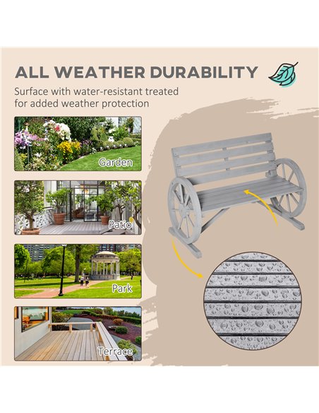 Outsunny 2 Seater Garden Bench Outdoor Garden Armrest Chair with Wooden Cart Wagon Wheel Rustic High Back Grey 84B-183CG - pic 63359 | FastDaddyshop