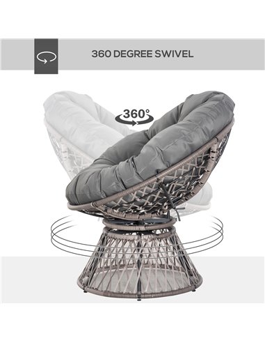Outsunny 360° Swivel Rattan Papasan Moon Bowl Chair Round Lounge Garden Wicker Basket Seat with Padded Cushion Oversized for Out