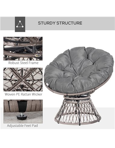 Outsunny 360° Swivel Rattan Papasan Moon Bowl Chair Round Lounge Garden Wicker Basket Seat with Padded Cushion Oversized for Out