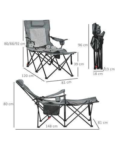 Outsunny Reclining Garden Chair, Foldable with Footrest, Adjustable Backrest, Headrest, Cup Holder, Carry Bag, Grey 84G-152V00GY