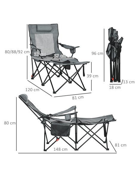 Outsunny Reclining Garden Chair, Foldable with Footrest, Adjustable Backrest, Headrest, Cup Holder, Carry Bag, Grey 84G-152V00GY - pic 63491 | FastDaddyshop