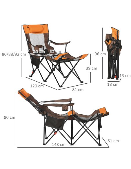 Outsunny Foldable Reclining Garden Chairs with Footrest and Adjustable Backrest, Portable Camping Chair with Headrest, Cup Holde - pic 63500 | FastDaddyshop