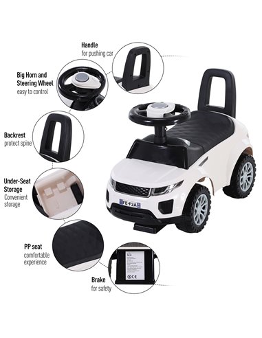 HOMCOM 3-in-1 Ride On Car Foot To Floor Slider Toddler w/ Horn Steering Wheel NO POWER Manual Under Seat Storage Safe Design Whi