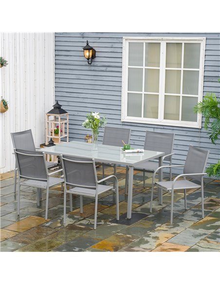 Outsunny 7 Piece Garden Dining Set, Outdoor Table and 6 Stackable Chairs, Steel Frame, Tempered Glass Top Table, Mesh Seats, Gre - pic 63571 | FastDaddyshop