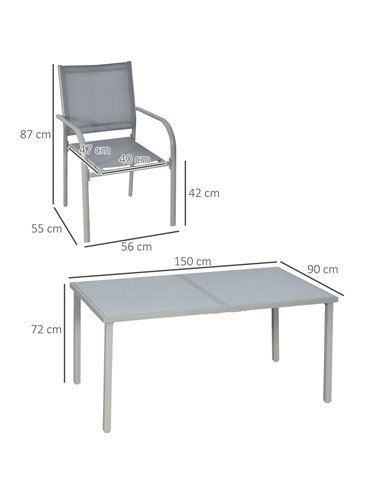Outsunny 7 Piece Garden Dining Set, Outdoor Table and 6 Stackable Chairs, Steel Frame, Tempered Glass Top Table, Mesh Seats, Gre