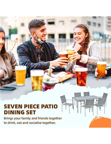Outsunny 7 Piece Garden Dining Set, Outdoor Table and 6 Stackable Chairs, Steel Frame, Tempered Glass Top Table, Mesh Seats, Gre - pic 63573 | FastDaddyshop