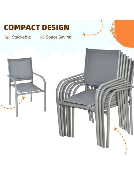 Outsunny 7 Piece Garden Dining Set, Outdoor Table and 6 Stackable Chairs, Steel Frame, Tempered Glass Top Table, Mesh Seats, Gre - pic 63574 | FastDaddyshop
