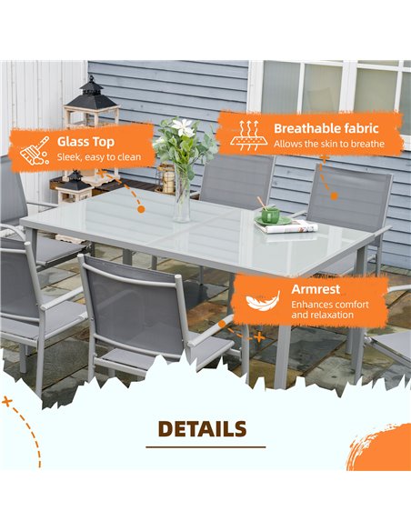 Outsunny 7 Piece Garden Dining Set, Outdoor Table and 6 Stackable Chairs, Steel Frame, Tempered Glass Top Table, Mesh Seats, Gre - pic 63575 | FastDaddyshop