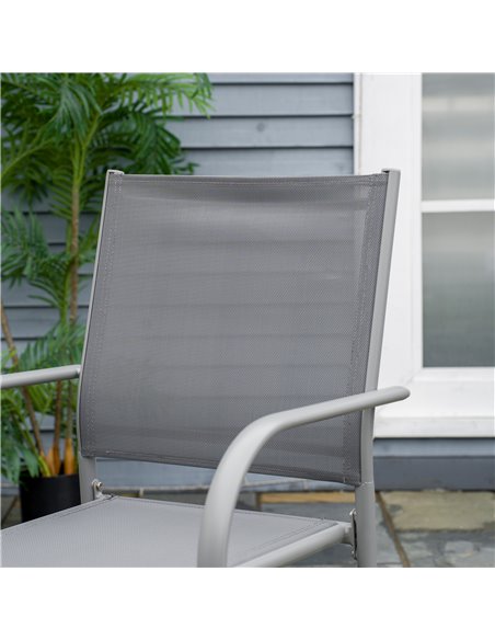 Outsunny 7 Piece Garden Dining Set, Outdoor Table and 6 Stackable Chairs, Steel Frame, Tempered Glass Top Table, Mesh Seats, Gre - pic 63577 | FastDaddyshop