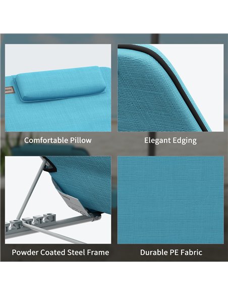 Outsunny Metal Frame PE Fabric 2 Pieces Outdoor Beach Reclining Chair Set w/ Pillow Light Blue 84B-455V70LB - pic 63702 | FastDaddyshop