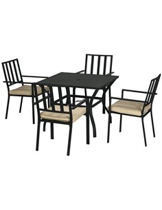 Outsunny 5-Piece Outdoor Dining Set with Cushions, Metal Table & 4 Stackable Chairs, Umbrella Hole, Black 84G-280V70BK