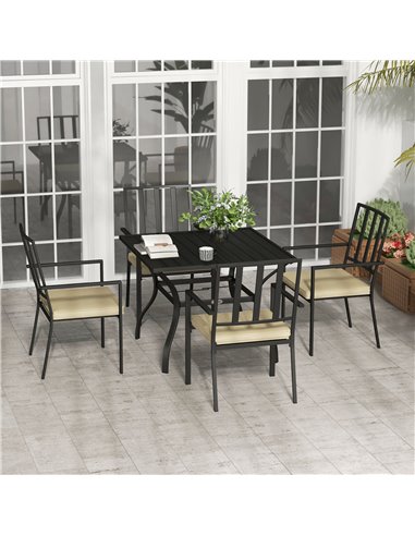 Outsunny 5-Piece Outdoor Dining Set with Cushions, Metal Table & 4 Stackable Chairs, Umbrella Hole, Black 84G-280V70BK