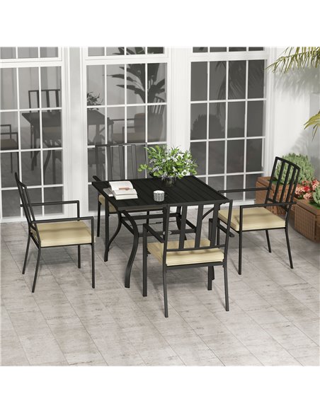 Outsunny 5-Piece Outdoor Dining Set with Cushions, Metal Table & 4 Stackable Chairs, Umbrella Hole, Black 84G-280V70BK - pic 63796 | FastDaddyshop