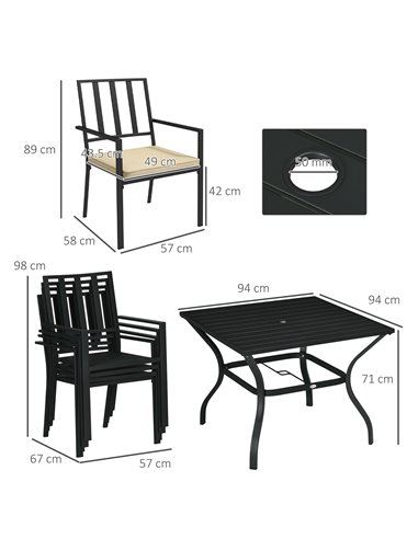 Outsunny 5-Piece Outdoor Dining Set with Cushions, Metal Table & 4 Stackable Chairs, Umbrella Hole, Black 84G-280V70BK