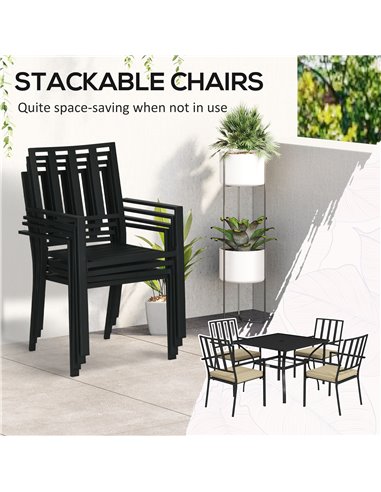 Outsunny 5-Piece Outdoor Dining Set with Cushions, Metal Table & 4 Stackable Chairs, Umbrella Hole, Black 84G-280V70BK