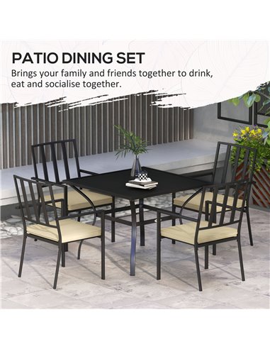 Outsunny 5-Piece Outdoor Dining Set with Cushions, Metal Table & 4 Stackable Chairs, Umbrella Hole, Black 84G-280V70BK
