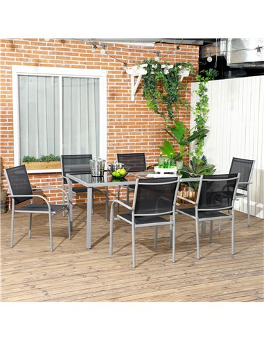 Outsunny 7 Piece Outdoor Garden Dining Set with Table and 6 Stackable Chairs, Steel Frame, Tempered Glass Top, Mesh Seats, Black