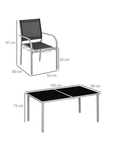 Outsunny 7 Piece Outdoor Garden Dining Set with Table and 6 Stackable Chairs, Steel Frame, Tempered Glass Top, Mesh Seats, Black