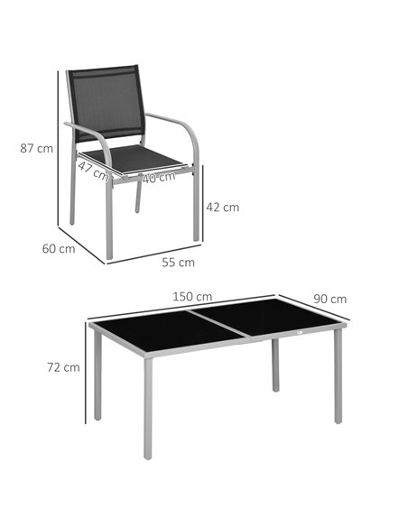 Outsunny 7 Piece Outdoor Garden Dining Set with Table and 6 Stackable Chairs, Steel Frame, Tempered Glass Top, Mesh Seats, Black - pic 64067 | FastDaddyshop