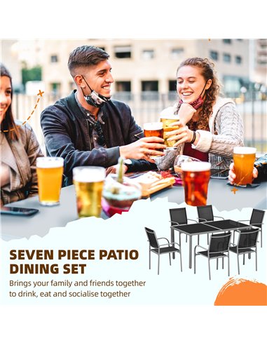 Outsunny 7 Piece Outdoor Garden Dining Set with Table and 6 Stackable Chairs, Steel Frame, Tempered Glass Top, Mesh Seats, Black