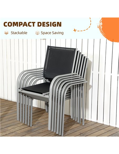 Outsunny 7 Piece Outdoor Garden Dining Set with Table and 6 Stackable Chairs, Steel Frame, Tempered Glass Top, Mesh Seats, Black - pic 64069 | FastDaddyshop