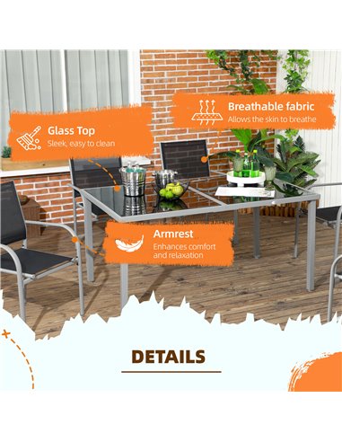 Outsunny 7 Piece Outdoor Garden Dining Set with Table and 6 Stackable Chairs, Steel Frame, Tempered Glass Top, Mesh Seats, Black