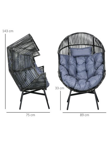 Outsunny PE Rattan Leisure Chair with 14cm Thick Seat Cushion, Steel Frame Garden Egg Chair with Comfortable Headrest, Adjustabl