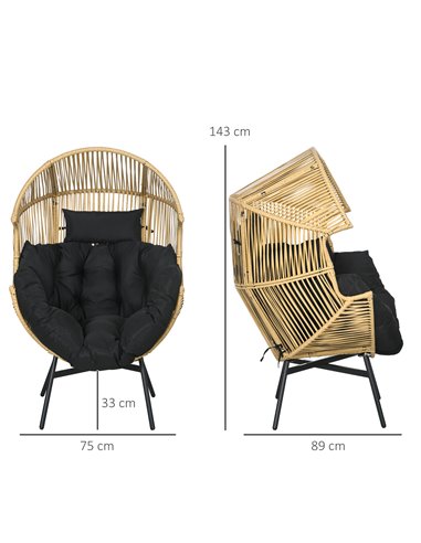 Outsunny PE Rattan Leisure Chair with 14cm Thick Seat Cushion, Steel Frame Garden Egg Chair with Comfortable Headrest, Adjustabl