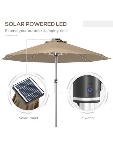 Outsunny LED Patio Umbrella, Lighted Deck Umbrella with 4 Lighting Modes, Solar & USB Charging, Khaki 84D-332V00KK
