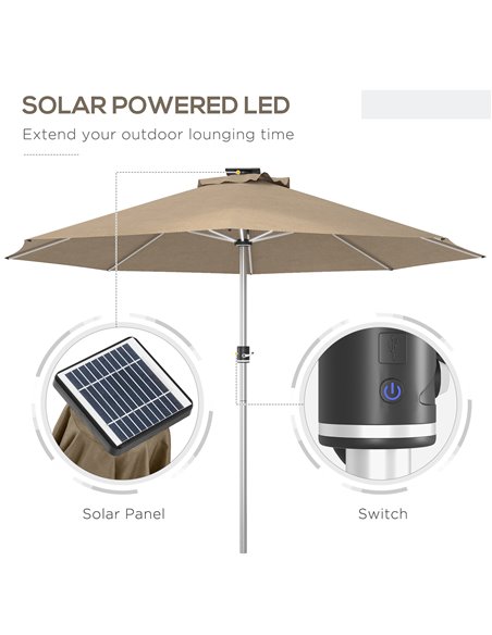 Outsunny LED Patio Umbrella, Lighted Deck Umbrella with 4 Lighting Modes, Solar & USB Charging, Khaki 84D-332V00KK - pic 64311 | FastDaddyshop