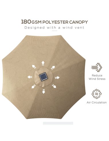 Outsunny LED Patio Umbrella, Lighted Deck Umbrella with 4 Lighting Modes, Solar & USB Charging, Khaki 84D-332V00KK