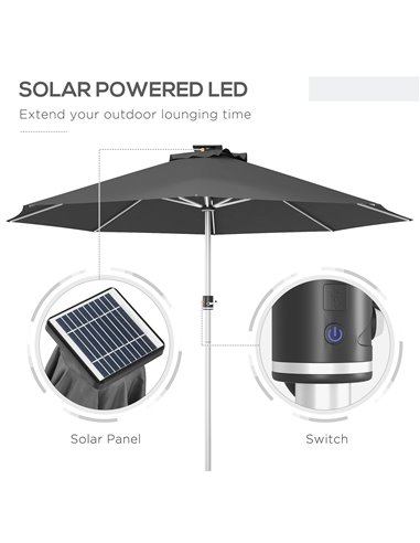 Outsunny LED Patio Umbrella, Lighted Deck Umbrella with 4 Lighting Modes, Solar & USB Charging, Charcoal Grey 84D-332V00CG