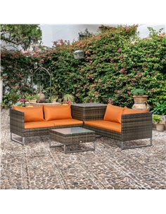 Outsunny 4 PCs Garden Rattan Wicker Outdoor Furniture Patio Corner Sofa Love Seat and Table Set with Cushions Side Desk Storage  2