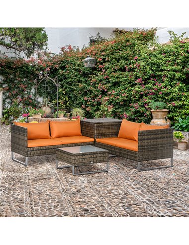 Outsunny 4 PCs Garden Rattan Wicker Outdoor Furniture Patio Corner Sofa Love Seat and Table Set with Cushions Side Desk Storage 