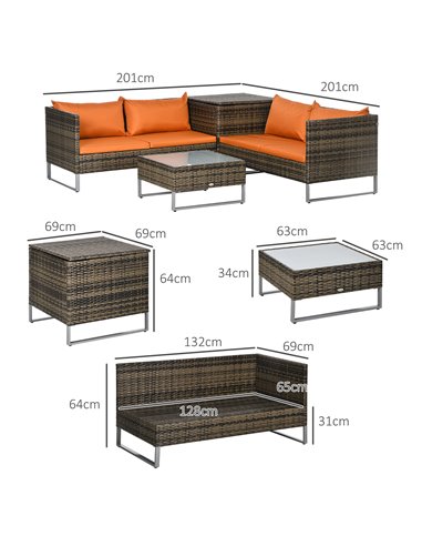 Outsunny 4 PCs Garden Rattan Wicker Outdoor Furniture Patio Corner Sofa Love Seat and Table Set with Cushions Side Desk Storage 
