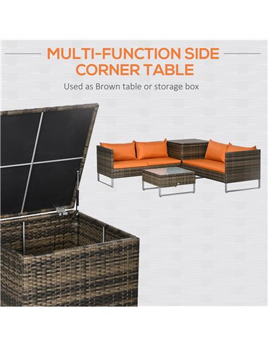 Outsunny 4 PCs Garden Rattan Wicker Outdoor Furniture Patio Corner Sofa Love Seat and Table Set with Cushions Side Desk Storage 